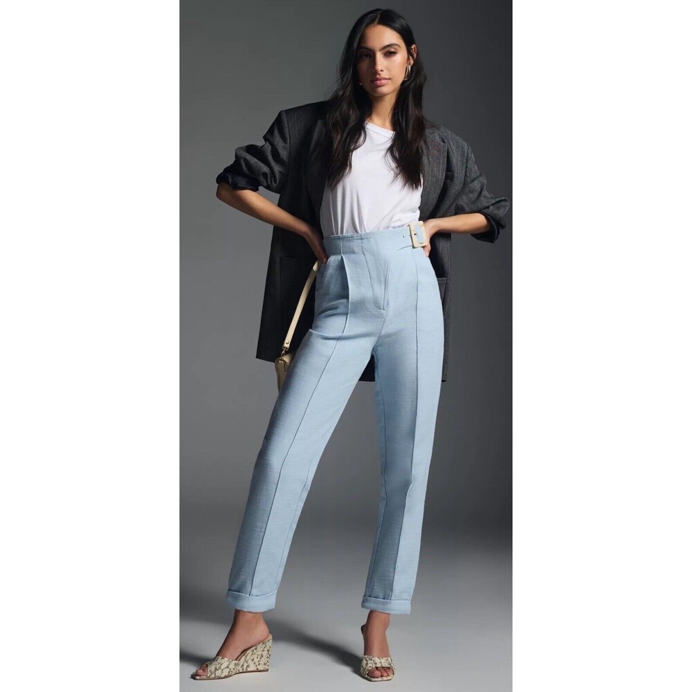 Anthropologie Significant Other Blue Frankie Belted Tailored Straight Pants Sz 4